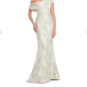 Elegant Off-Shoulder Alexander by Daymor Cream /blue brocade Dress